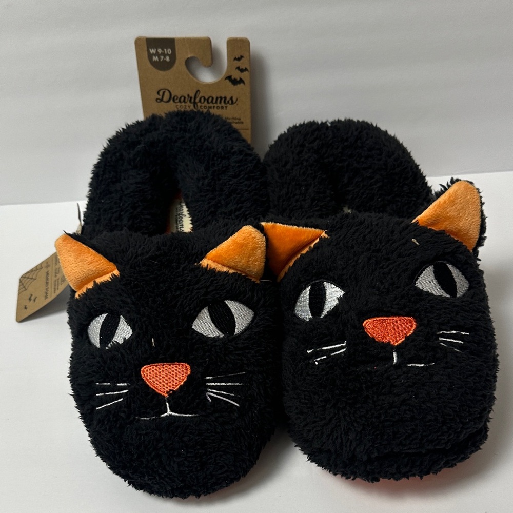 Dearfoams Unisex Black Cat Slippers with Orange Accents